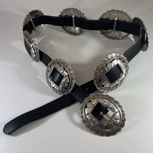 Vintage Brighton 1993 Silver Concho Sunflower Medallions Black Leather Belt Sz L